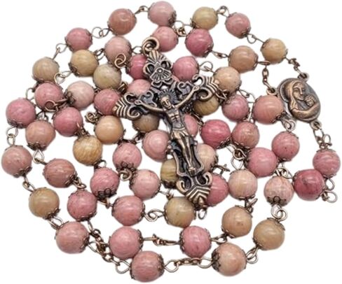 Nazareth Store Rosary Natural Pink Rose Aventurine Stone Beads Necklace Holy Soil Medal & Cross Crucifix Catholic Rosaries Terra Santa Collection in Kuwait