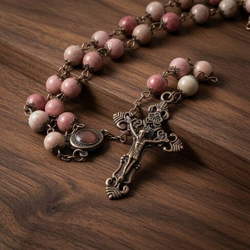 Nazareth Store Rosary Natural Pink Rose Aventurine Stone Beads Necklace Holy Soil Medal & Cross Crucifix Catholic Rosaries Terra Santa Collection in Kuwait