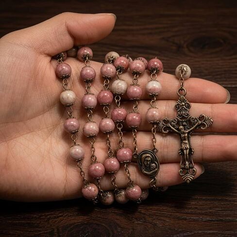 Nazareth Store Rosary Natural Pink Rose Aventurine Stone Beads Necklace Holy Soil Medal & Cross Crucifix Catholic Rosaries Terra Santa Collection in Kuwait
