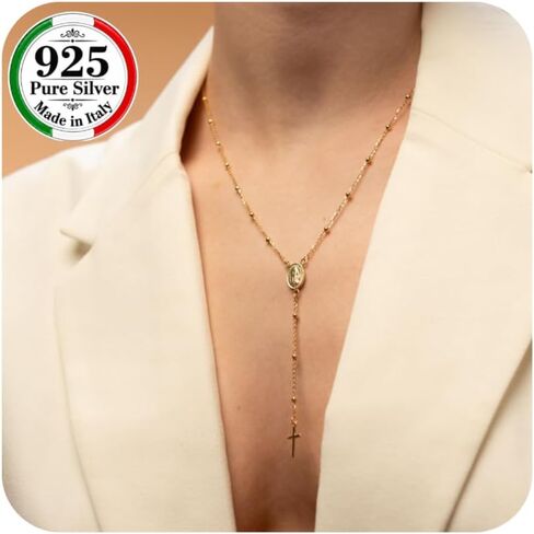 QUADRI - Rosary Necklace for Women in Sterling Silver Beads Catholic Virgin Mary - Premium Quality Necklace - Beautiful Cross Necklace with Beads Chain - 19 inch - Gift Box Included in Kuwait