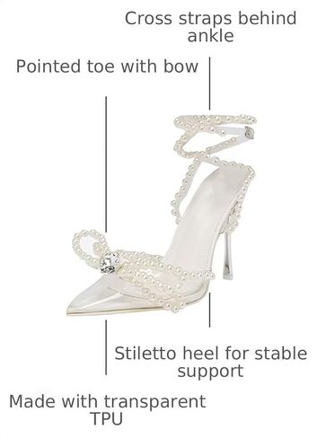 YIYA Women's Pointed Toe Clear Heels Sandals with Strappy Pearls Ankle Strap Sexy Rhinestone Bow Heels Stiletto High Heel Wedding Party Pumps Shoes in Kuwait