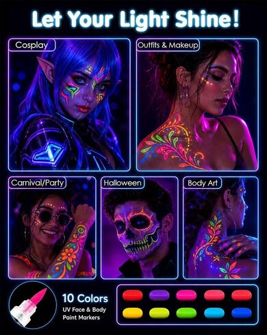 Lictin UV Glow in the Dark Face & Body Paint Markers, 10 Neon Makeup Pens in Kuwait