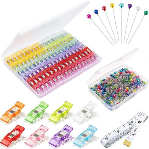 100 Sewing Clips & 200 Sewing Pins with Box for Fabric,Multipurpose Premium Quilting Clips Straight Pins for Supplies Crafting Tools,Assorted Colors Plastic Clips for Crafts,Bag Clips,Sewing Notions in Kuwait