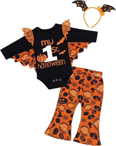 MIGU Baby Girl Halloween Costumes My First Halloween Outfit Ruffle Romper + Pumpkin Pants + Headband Set in Kuwait