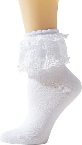 SRYL Women Ruffle Pearls Ankle Socks Lace Frilly Socks, Cute Cotton Socks Ladies Girl Princess Lace Socks in Kuwait