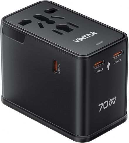 Universal Travel Adapter, VINTAR 75W GaN International Plug Adapter with 3 USB-C PD & 2 USB-A QC, All-in-one Travel Essentials for UK/EU/USA/AUS, Worldwide Power Adapter for Laptops Tablets Phones in Kuwait