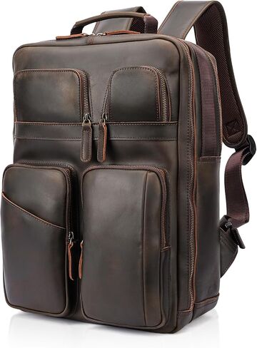Polare 17.3 Inch Full Grain Leather Backpack for Men and Women Multi Pockets Business Travel Laptop Rucksack (Brown) in Kuwait