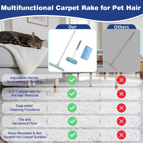 Carpet Rake for Pet Hair Removal: Adjustable 54" Handle No Bending in Kuwait