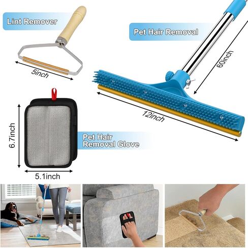 mupapi Carpet Rake for Pet Hair Removal, Reusable Pet Hair Remover Broom, 60'' Adjustable Long Handle Dog and Cat Hair Remover Tool Set of 3, Lint Remover Scraper for Carpets, Rugs, Mats, Couch, Car in Kuwait
