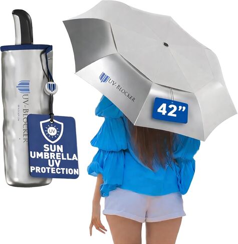 UV-Blocker UV Umbrella Large Folding Umbrella 58 Inch Auto Open Vented Double Canopy Effective Windproof Sun Umbrella UV Protection Blocks 99% of UVA UVB Rays UPF 55+ Protection in Kuwait