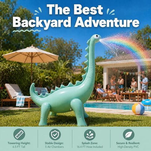 Inflatable Dinosaur Sprinkler for Kids, 6.5FT Giant Brachiosaurus Water Spray Toy with 16.5FT Hose – Thickened PVC, Outdoor Backyard Summer Splash Toy for Toddlers Ages 3-12 in Kuwait