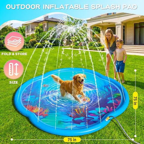 Splash Pad Sprinkler for Kids & Dog, 75" Round Sea World Splash Pad for Kids Ages 2+, Thicken Outdoor Water Toy Play Mat for Children, Backyard Inflatable Sprinkler Shallow Pool Fountain Pad in Kuwait