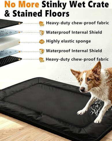 Heavy‑Duty Wear‑Resistant Dog Bed for Aggressive Chewers, Oxford Fabric Waterproof Crate Bed for Large Dogs, Washable Removable Cover with Sponge Filling 35" x 22" x 2.76" (Black, Medium) in Kuwait