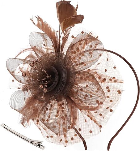 DRESHOW Fascinators Hat Flower Mesh Ribbons Feathers on a Headband and a Clip Tea Party Headwear for Girls and Women in Kuwait