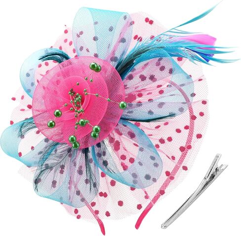 DRESHOW Fascinators Hat Flower Mesh Ribbons Feathers on a Headband and a Clip Tea Party Headwear for Girls and Women in Kuwait