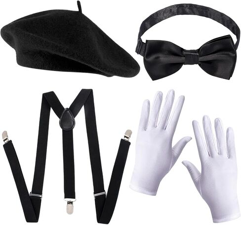 Keymall Kids Mime Artist Accessories 6Pcs with Beret Hat Suspender Scarf Gloves Face Paint Socks for Halloween Mime Costume in Kuwait