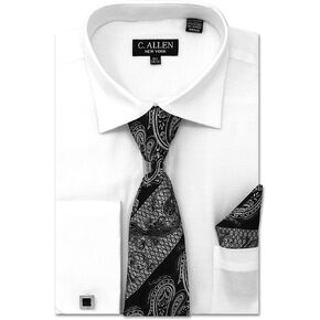 Men's Solid Square Pattern Regular Fit French Cuffs Dress Shirts with Tie Hanky Cufflinks Combo in Kuwait