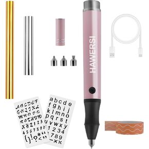 HAWERSI Cordless Hot Foil Pen Starter Kit,Foil Quill Tool with Stencil Sheets,4 Metal Tips(Fine,Standard,Bold,and Flat),Rolls in Gold,Silver and Placement Tape DIY Scrapbooks,Leather,Cards in Kuwait