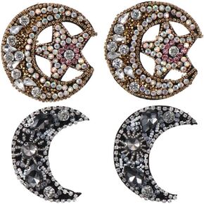 4Pcs Moon Star Rhinestone Iron on Patch Black Crystal Sew on Patches Embroidery Applique Beaded Decorative Badge for Craft Clothes Bag Shoes Hats DIY Accessories in Kuwait