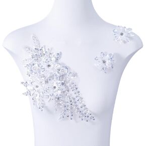 3D Flowers Beaded Lace Applique,Pearl Fabric Embroidered Flower Patch for Wedding Bride Dress Clothes Hat Curtain (Light Blue) in Kuwait