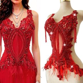 Luxurious Rhinestone Beaded Applique with Ostrich Feather Trims are Suitable for Evening Gowns and Special Occasion Clothing (Pink) in Saudi Arabia