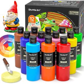 Shuttle Art Outdoor Acrylic Paint Set, 12 Colors Waterproof Paint, 8.45oz/250ml Large Bottles, Rich Pigmented Bulk Painting Supplies for Artists, Beginners on Rocks, Wood, Wall, Crafts, Garden Statues in Kuwait