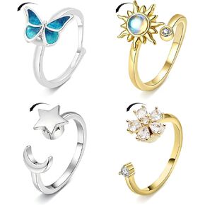 4Pcs Fidget Anxiety Rings for Women, Golden and Silver Adjustable Open Spinner Rings for Anxiety, Stress Relief Rotating Rings with Butterfly Sun Star Flower Designs, Fidget Jewelry for Women in Kuwait