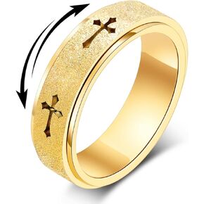 Fidget Toys Adults Spinner Women, Cross Anxiety Relief Stainless Steel Dual Layers Thumb Jewelry Spinning Band Silver Gold Plated Size 6 7 8 9 10 (Gold-Cross, Size 7) in Kuwait