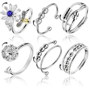 5 Pcs Adjustable Fidget Rings for Women With Beads,Silver Stainless Steel Ring Anti Anxiety Ring Spinning,Anti-worry Bead Rings Spinner Ring,Fidget Ring for Women Stress Relief in Kuwait