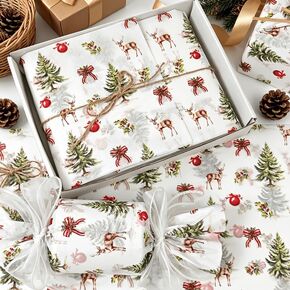 15 Sheets Christmas Tissue Wrapping Paper, Vintage Pine Tree Reindeer Print Gift Tissue Paper 19.68×13.78 Inch, for Xmas Gift Wrapping, Bouquet Packaging, Gift Bag Filler, Holiday Birthday Decorations in Kuwait