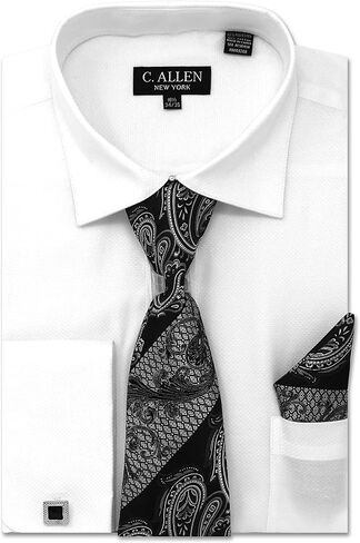 Men's Solid Square Pattern Regular Fit French Cuffs Dress Shirts with Tie Hanky Cufflinks Combo in Kuwait