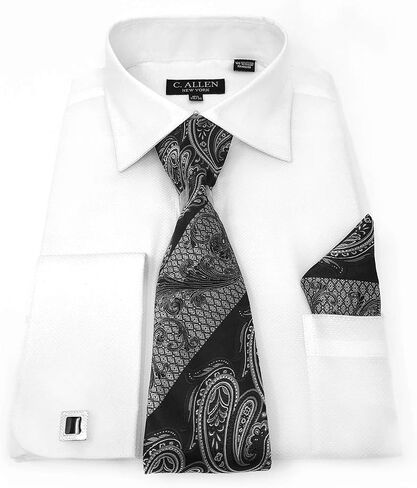 Men's Solid Square Pattern Regular Fit French Cuffs Dress Shirts with Tie Hanky Cufflinks Combo in Kuwait