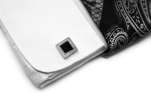 Men's Solid Square Pattern Regular Fit French Cuffs Dress Shirts with Tie Hanky Cufflinks Combo in Kuwait