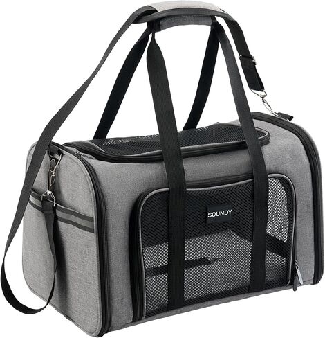 Soundy Large Cat Carrier Dog Carrier أقل من 25 رطلاً، حقيبة الحيوانات الأليفة المحمولة القابلة للطي والتهوية مع شبكة ناعمة قابلة للتنفس من جانب ناعم لرحلات السيارة الطويلة تحميل ماكسي 2 قطط أو كلب صغير متوسط ​​(أسود كبير) in Kuwait