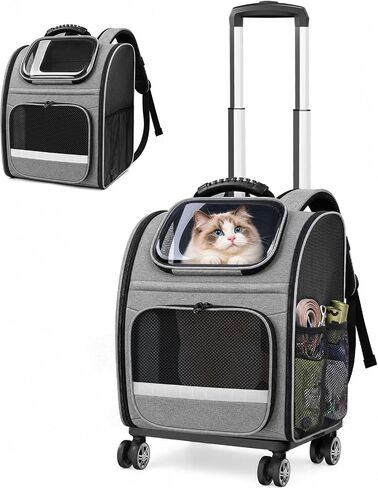 Pawtners Rolling Cat Carrier Backpack with Wheels for Cats Small Dogs, Gray in Kuwait
