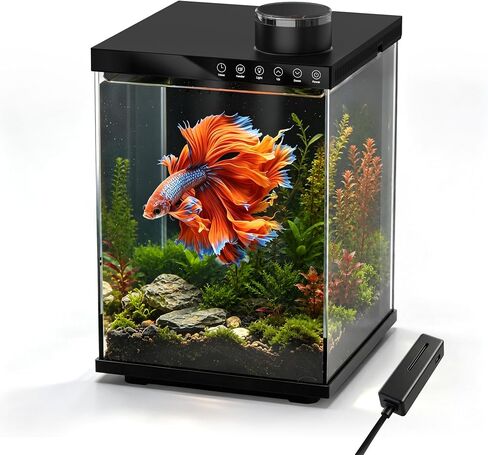 AQUASMITH 4 Gallon Fish Tank with Auto Feeder, Quiet Filter Pump, Full-Spectrum LED Light, Temperature Display, Ultra-Clear Glass Desktop Aquarium Kit for Betta Shrimp Tetra in Kuwait