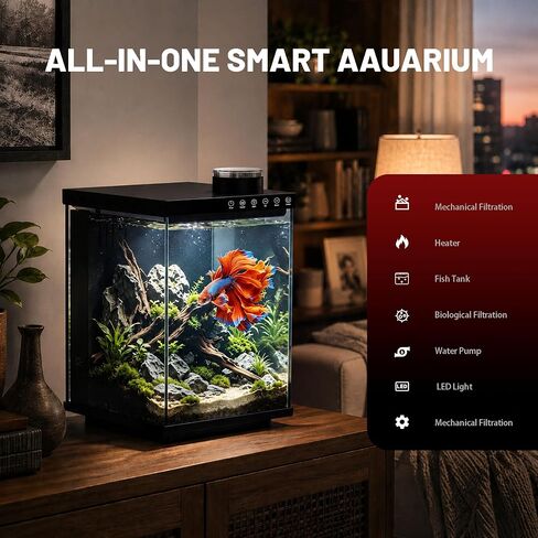 AQUASMITH 4 Gallon Fish Tank with Auto Feeder, Quiet Filter Pump, Full-Spectrum LED Light, Temperature Display, Ultra-Clear Glass Desktop Aquarium Kit for Betta Shrimp Tetra in Kuwait