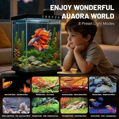 AQUASMITH 4 Gallon Fish Tank with Auto Feeder, Quiet Filter Pump, Full-Spectrum LED Light, Temperature Display, Ultra-Clear Glass Desktop Aquarium Kit for Betta Shrimp Tetra in Kuwait