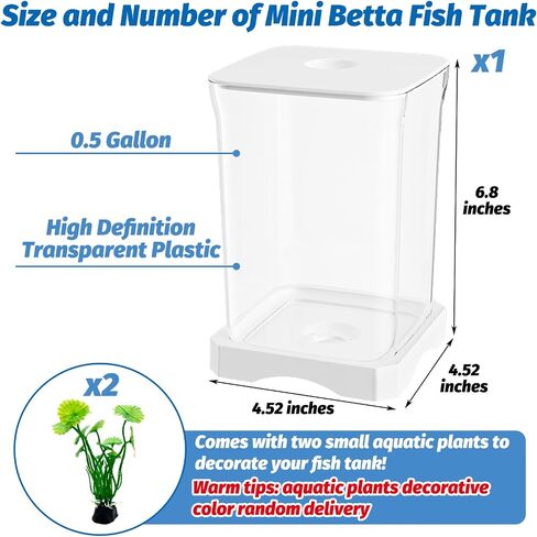 PINVNBY Small Fish Tank, 0.5 Gallon Acrylic Aquarium Starter Kits with 2 PCS Plastic Aquatic Plants, Betta Fish Tank for Shrimp Guppy Jellyfish Goldfish Beta, Room Decor Desktop in Kuwait