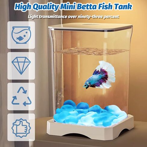 PINVNBY Small Fish Tank, 0.5 Gallon Acrylic Aquarium Starter Kits with 2 PCS Plastic Aquatic Plants, Betta Fish Tank for Shrimp Guppy Jellyfish Goldfish Beta, Room Decor Desktop in Kuwait