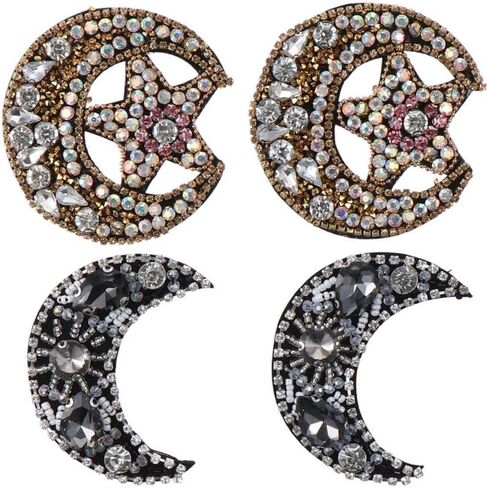 4Pcs Moon Star Rhinestone Iron on Patch Black Crystal Sew on Patches Embroidery Applique Beaded Decorative Badge for Craft Clothes Bag Shoes Hats DIY Accessories in Kuwait