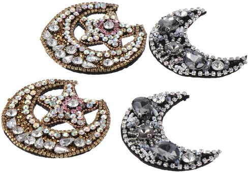 4Pcs Moon Star Rhinestone Iron on Patch Black Crystal Sew on Patches Embroidery Applique Beaded Decorative Badge for Craft Clothes Bag Shoes Hats DIY Accessories in Kuwait