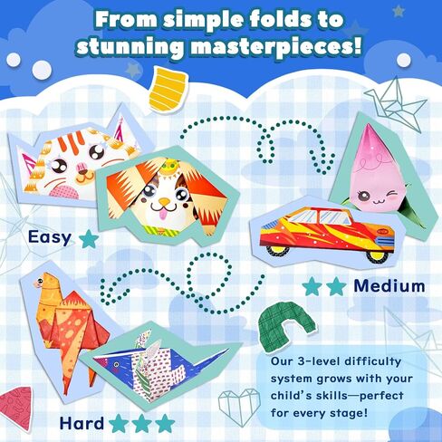 Origami Kit For Kids Ages 5-12, Includes 200 Sheets Of Origami Paper With A Guiding Book, Colorful Arts And Crafts Origami Book For Boys And Girls, Perfect For Road Trip Activities, Toys And Gifts in Saudi Arabia
