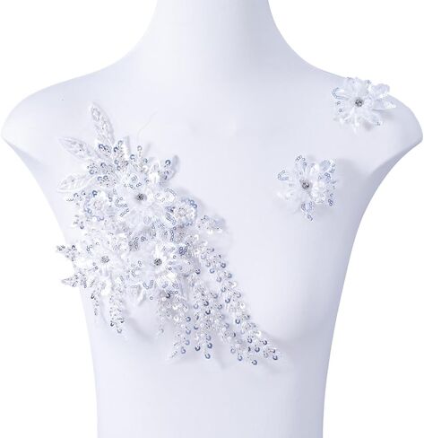 3D Flowers Beaded Lace Applique,Pearl Fabric Embroidered Flower Patch for Wedding Bride Dress Clothes Hat Curtain (Light Blue) in Kuwait