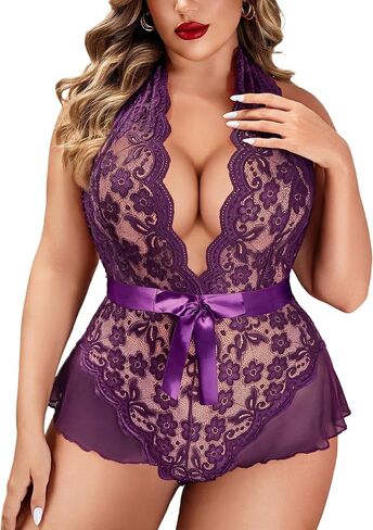 Avidlove Plus Size Lingerie for Women Deep V Neck Teddy Lingerie Halter Lace Bodysuit Nightgown in Kuwait