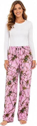 TrailCrest Womens Open Bottom Sleep and Lounge Casual Plush Soft Coral Fleece Camo Pajama Pants in Kuwait