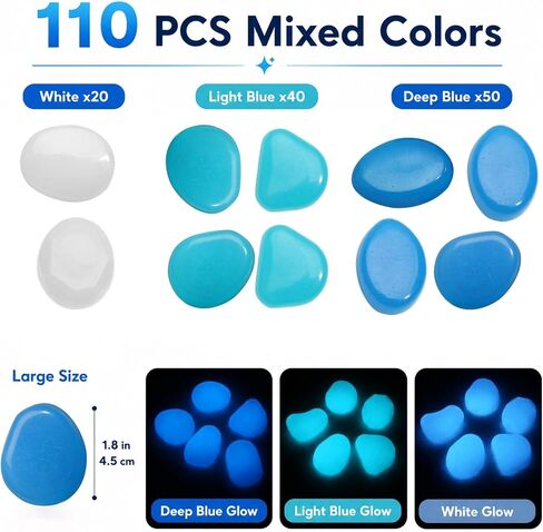 110 Pcs Glow In The Dark Pebbles,Resin,1.8 Inch, Dark Blue,Light Blue,White in Kuwait