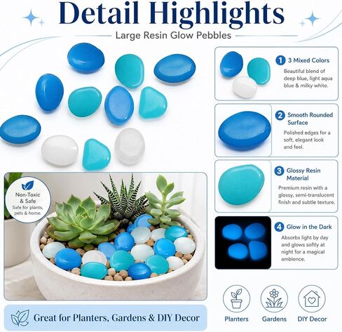 110 Pcs Glow In The Dark Pebbles,Resin,1.8 Inch, Dark Blue,Light Blue,White in Kuwait