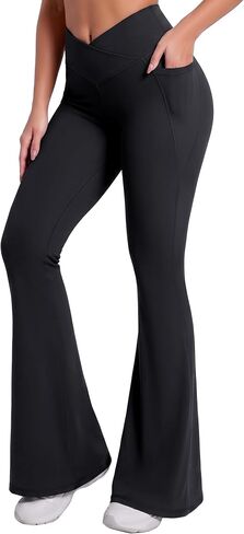 Sunzel Women's Crossover Flare Leggings with Pockets High Waist Yoga Pants High High Workout Gym Bootcut Leggings in Kuwait