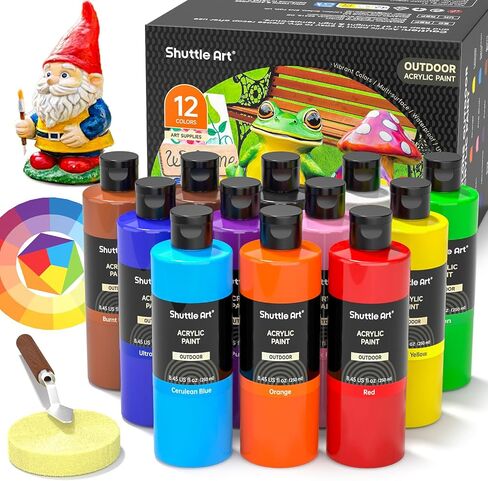 Shuttle Art Outdoor Acrylic Paint Set, 12 Colors Waterproof Paint, 8.45oz/250ml Large Bottles, Rich Pigmented Bulk Painting Supplies for Artists, Beginners on Rocks, Wood, Wall, Crafts, Garden Statues in Kuwait